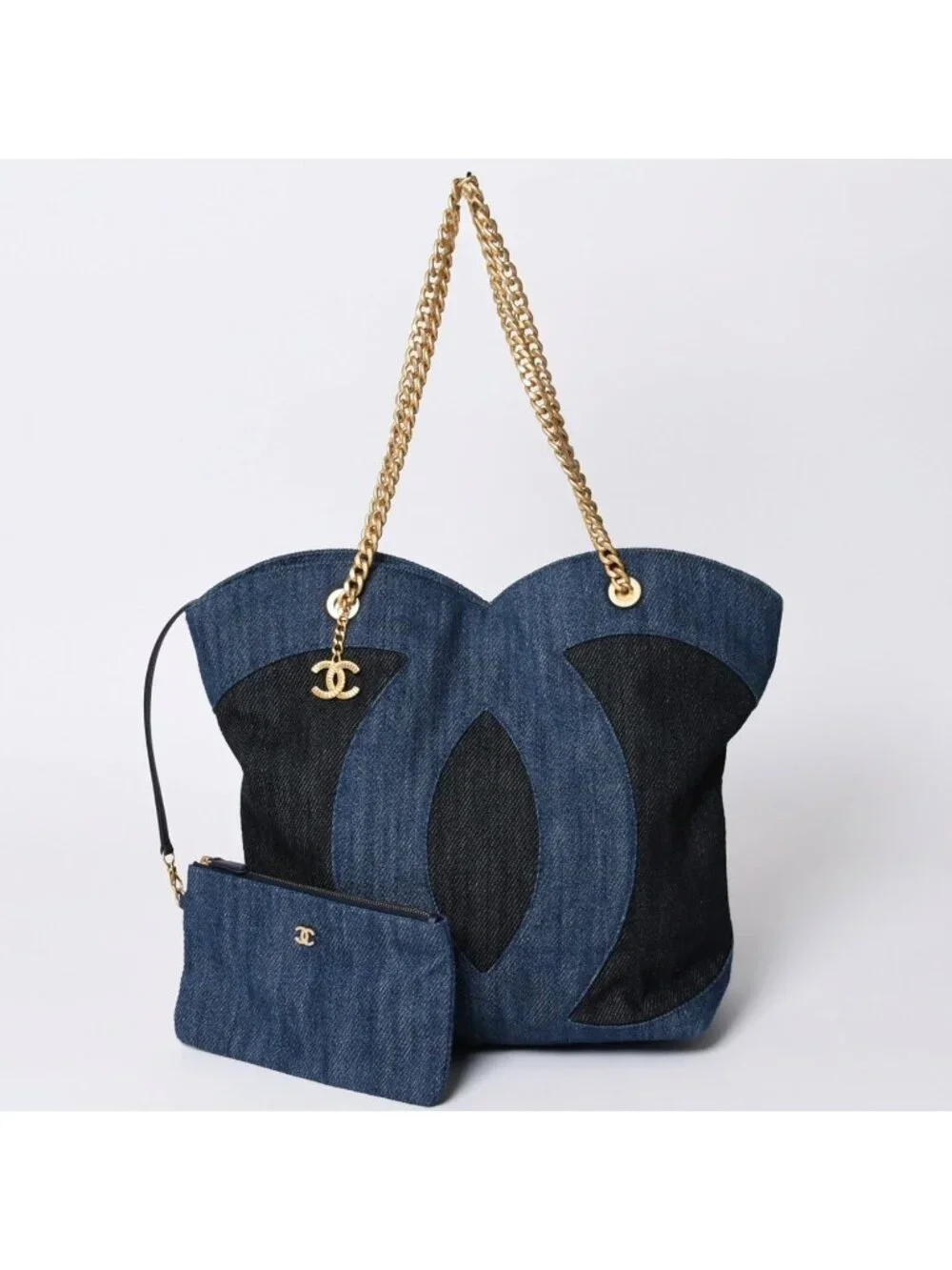 Chanel Chain Tote Bag Base CC Logo Denim Indigo Blue